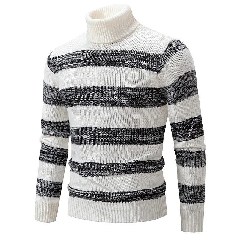 Autumn Winter Fashion Stripe Sweaters High Neck Long Sleeve Thermal Pullovers Male Slim Pullover Stretch Knit Sweaters 3XL-S