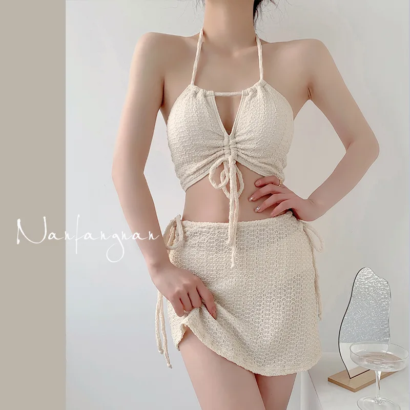 

Women's Swimsuit 2025 New Bikini Three-piece Skirt Split High-grade Pure Lace-up Conservative Seaside Bikini Set Bathing Suit