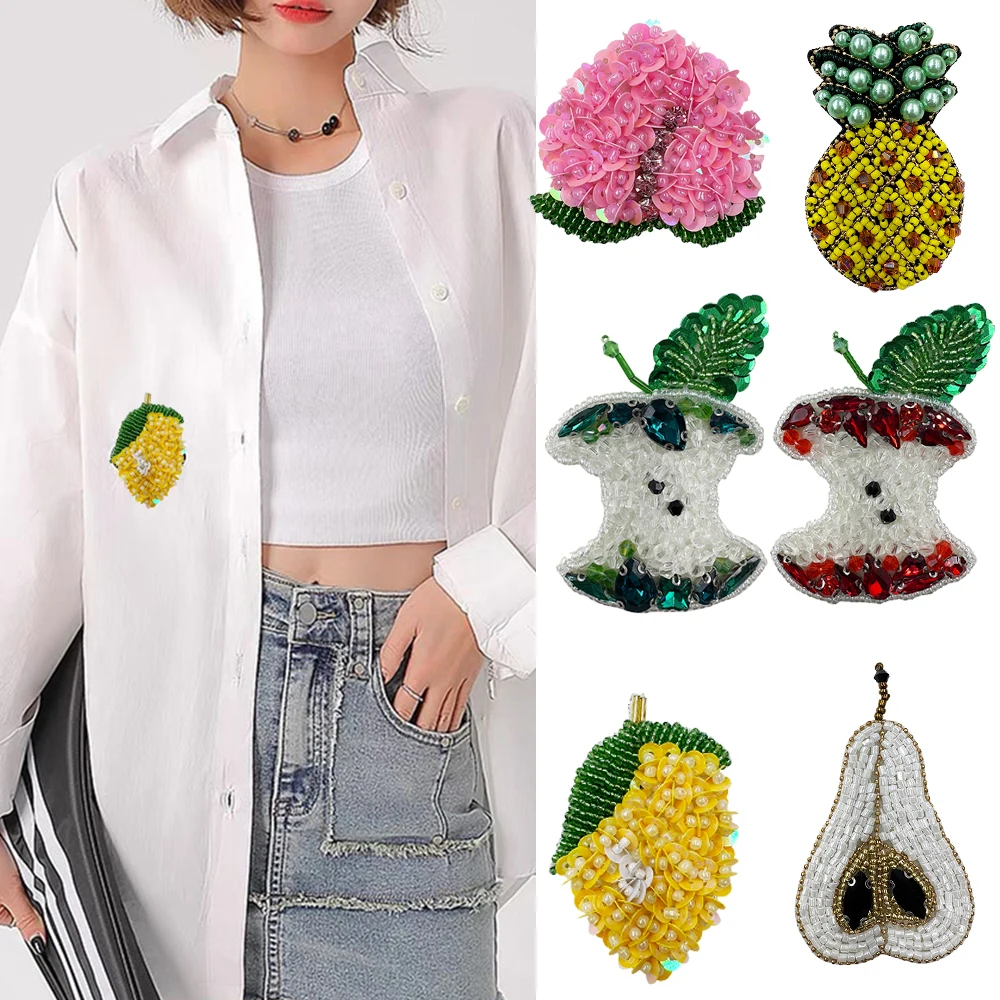 

Fruit Lemon Peach Apple Pear Pineapple Patches Sew on Applique Sequins Rhinestones Patch Sweater Decor Beaded Badge