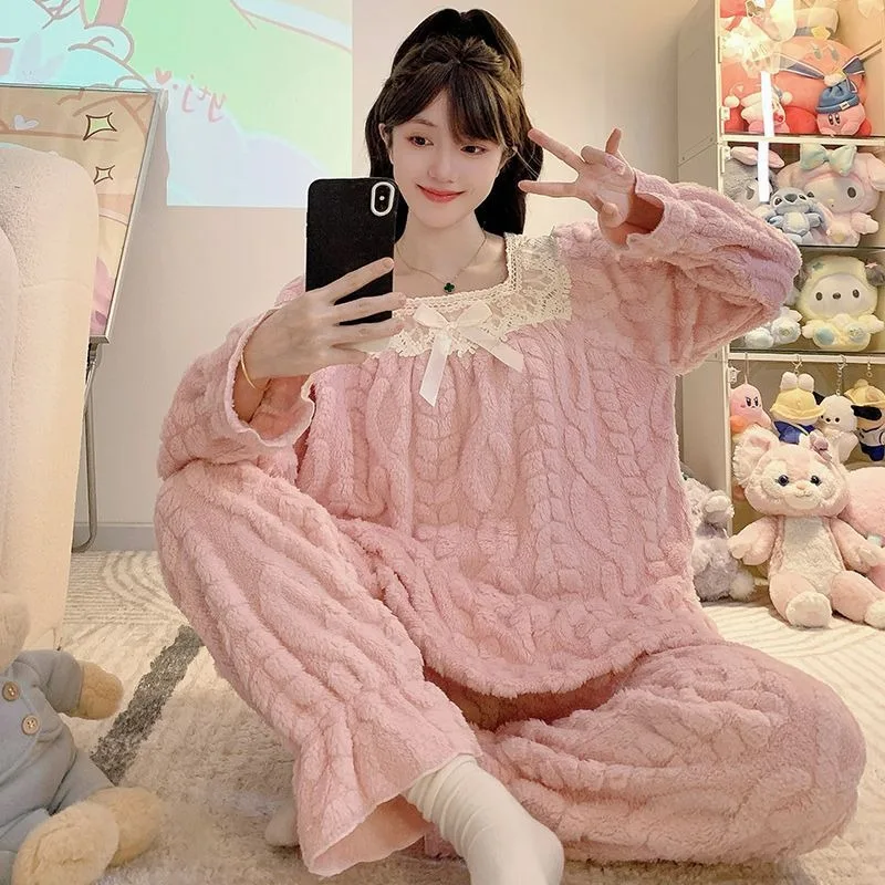 

M-5XL Plus Size Ribbed Coral Fleece Pajamas Set Women Winter Princess Style Home Clothes Soft Flannel Thickened Warm Loungewear