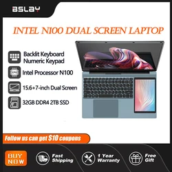 Ordenador portátil con pantalla Dual Intel N100, Teclado retroiluminado, 32GB de RAM, 2TB, SSD, desbloqueo por huella dactilar, cámara HD plegable de 180 °, para negocios, DDR4