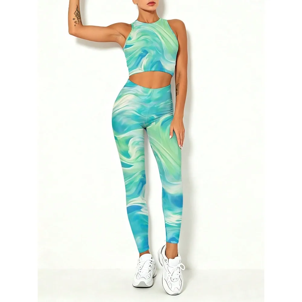 

2pcs Women's Yoga Outfit - Breathable High-Waisted Leggings And A Cropped Sleeveless Top, Suitable For Gym And Casual Sportswear All Year Round (Machine Washable)._1_bg99_t1