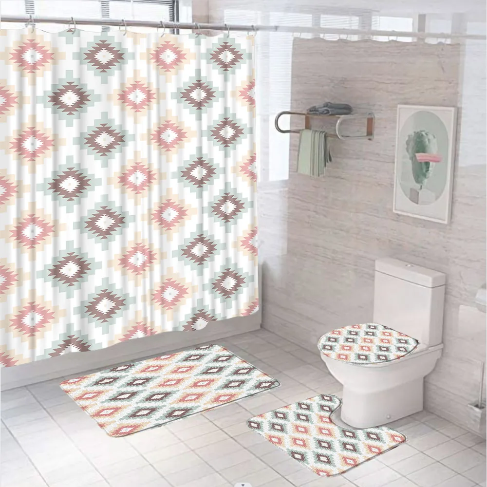 

Geometric Plaid Shower Curtain Sets Modern Wave Pattern Art Bathroom Curtains Non-Slip Bath Mats Pedestal Rugs Lid Toilet Cover