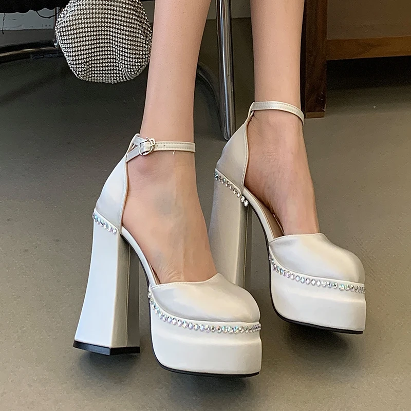 

2026 New High Heels Single Shoes Fashion Rhinestone Platform One Line with Thick Soled Women's Party Pumps