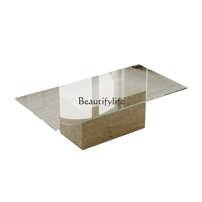 

Medieval natural travertine coffee table modern simple living room rectangular high-end glass coffee table