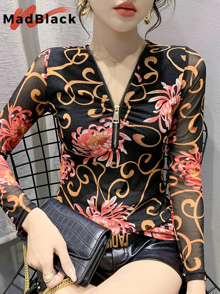 

MadBlack Spring European Clothes Floral Printed T-Shirt Chic Sexy V Necks Zipper Women Slim Mesh Tops Long Sleeve Tees T33201Z