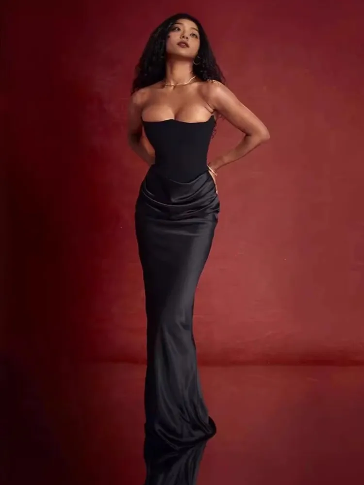 

Sexy Strapless Waist Dress For Women Fashionable Summer Solid Color Backless Slim Evening Holiday Dress Female