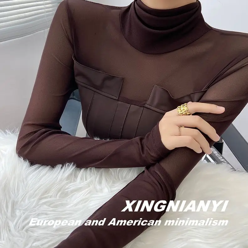 가을 여성을위한 하단 셔츠 인터넷 연예인 터틀넥 섹시한 약간 투명한 탑 다목적 하이 엔드 블랙 티셔츠