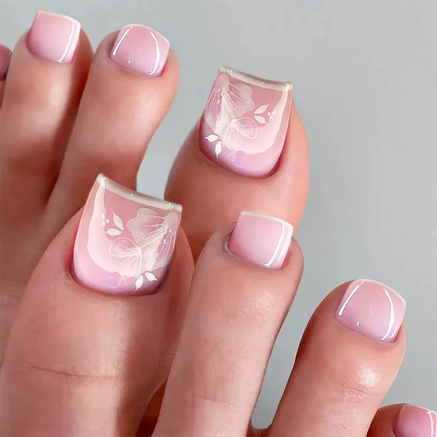 24 szt. Krótkie Kwadratowe Sztuczne Paznokcie na Stopę Letnie Białe Francuskie Tipsy Prosty Kwiatowy Wzór Paznokcie do Wciskania Błyszczący Pudrowy Manicure