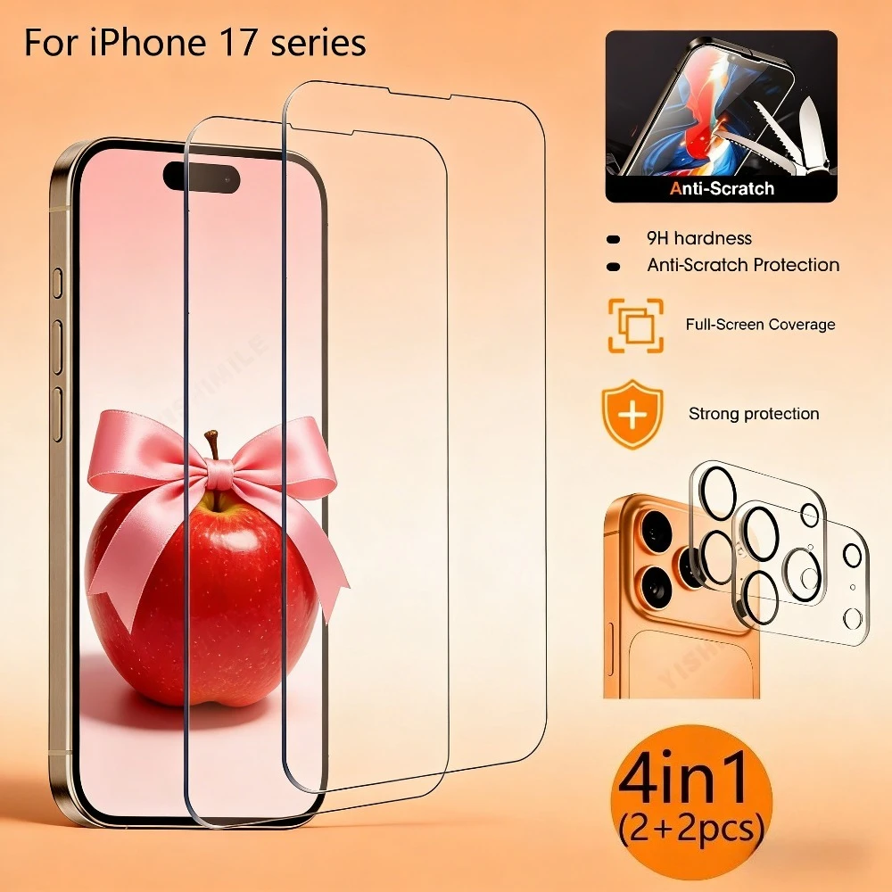 

2 шт. полноэкранное защитное стекло HD для iPhone 17, 16, 15, 14 Pro Max, Air 17e, 16, 15 Plus, 13, 12, 11 Pro с 2 шт. защитными стеклами для объектива камеры
