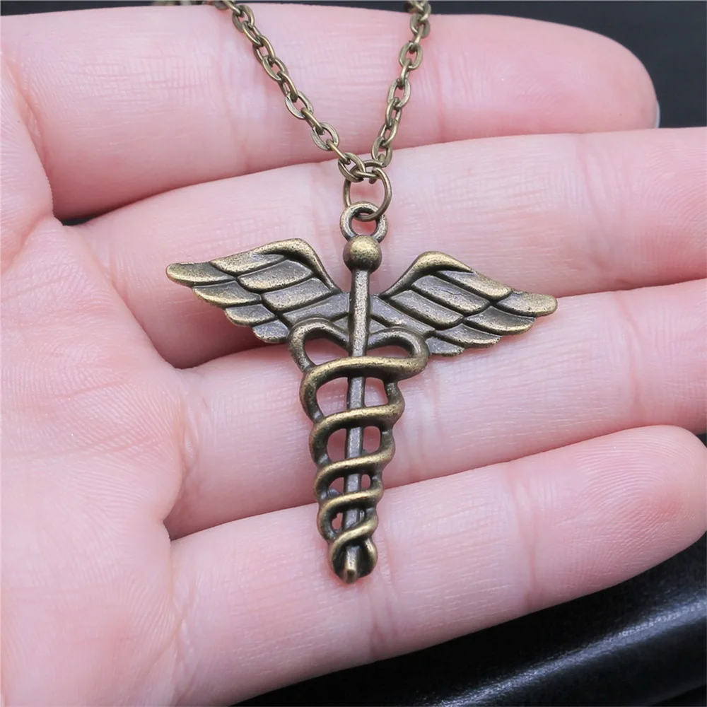 Dropshipping Antique Bronze Color 40x40mm Caduceus Medical Symbol Pendant Necklace For Women