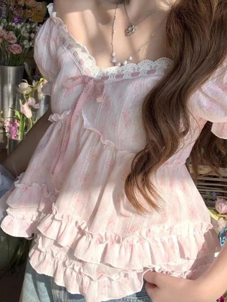 Japanese Sweet Harajuku Kawaii Top Women Loose Fit  Pink Floral Bubble Bow Puff Sleeve Blouse Summer Casual Retro Chic Outfits