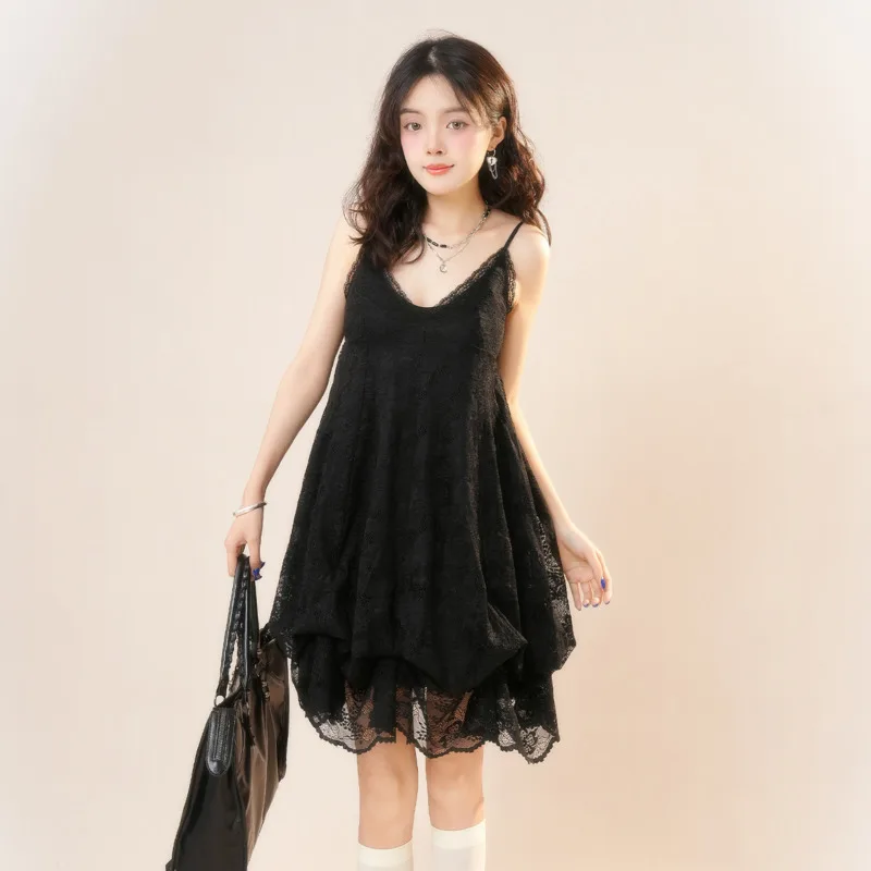 Sleeveless Lolita Vintage Mini Dress Lace Black Gothic Party Dress Pleated Japanese Y2k Dress V-neck Camisole Summer Dress Girls