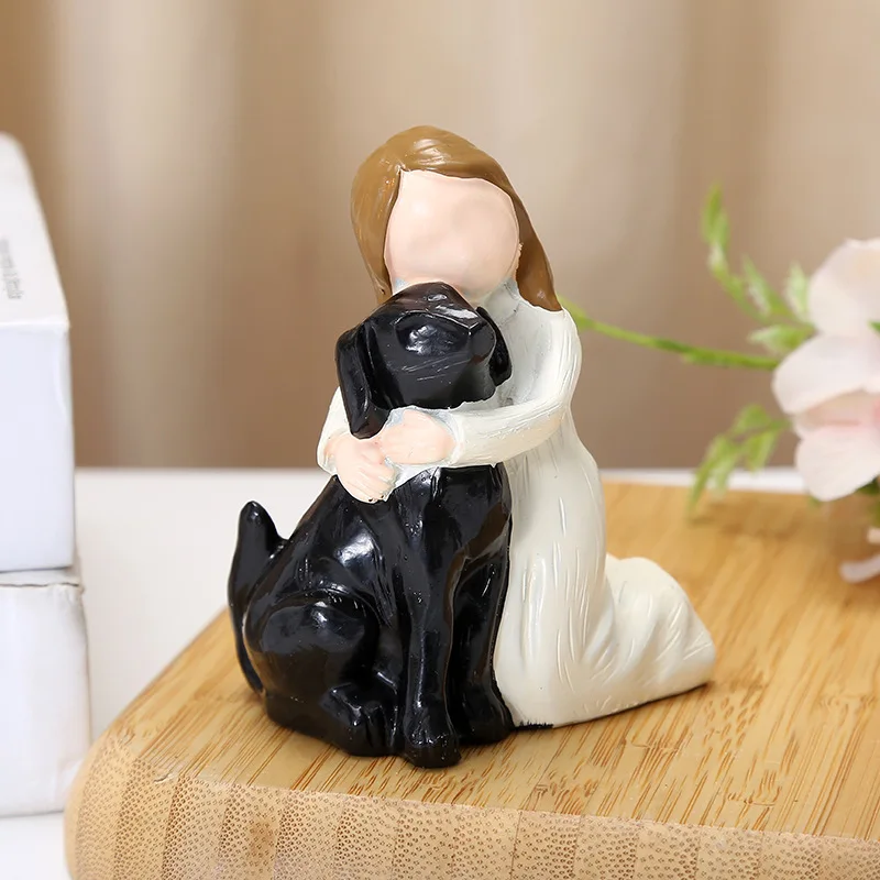 ‌Cute Girl Embracing Dog Resin Sculpture - Modern Minimalist Home Decor for Dog Lovers