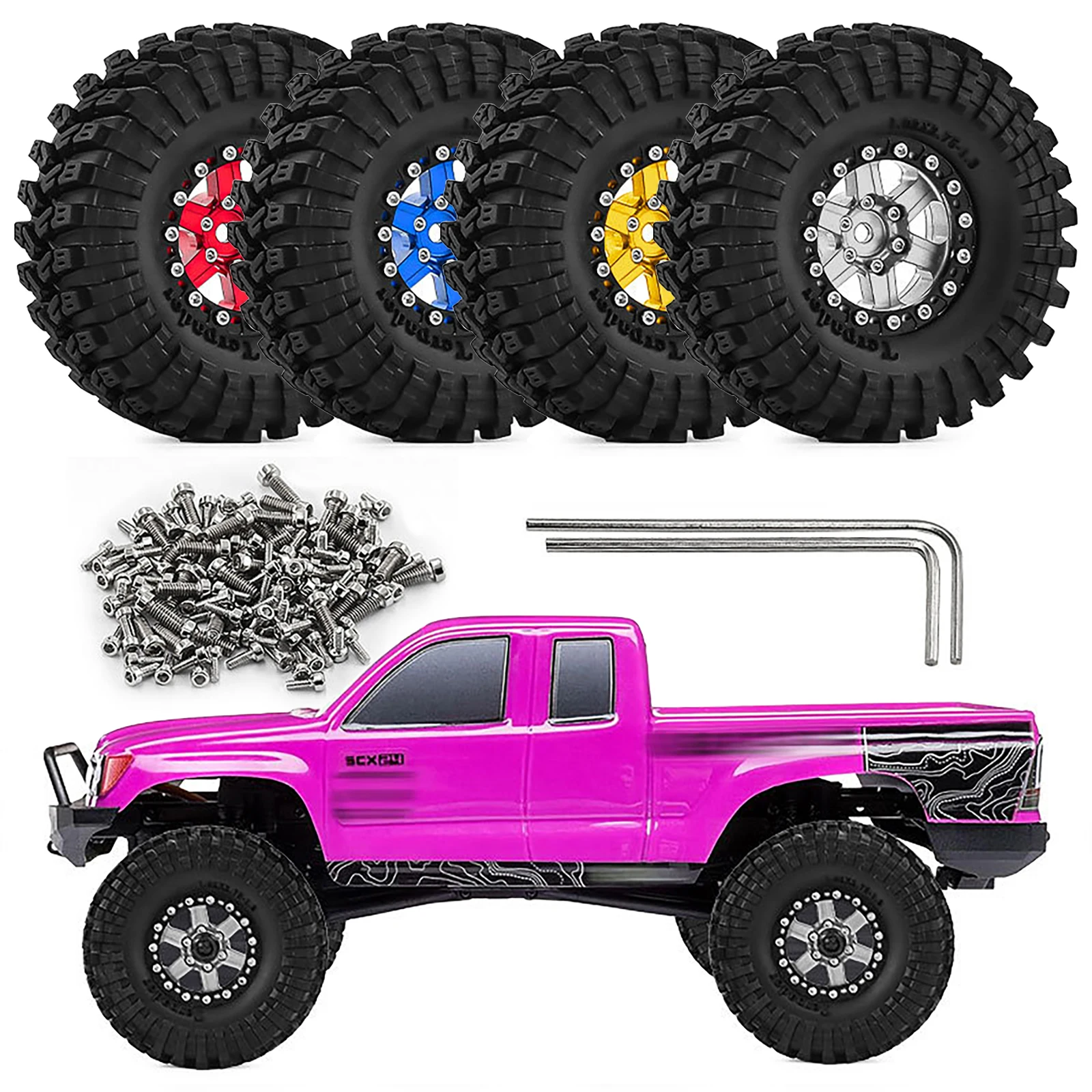 

4pcs Metal 1.3 inch Beadlock Wheel Rim Tire for 1/18 Traxxas TRX4M 1/24 Axial SCX24 FCX24 FMS RC Crawler Car Upgrade Accessories