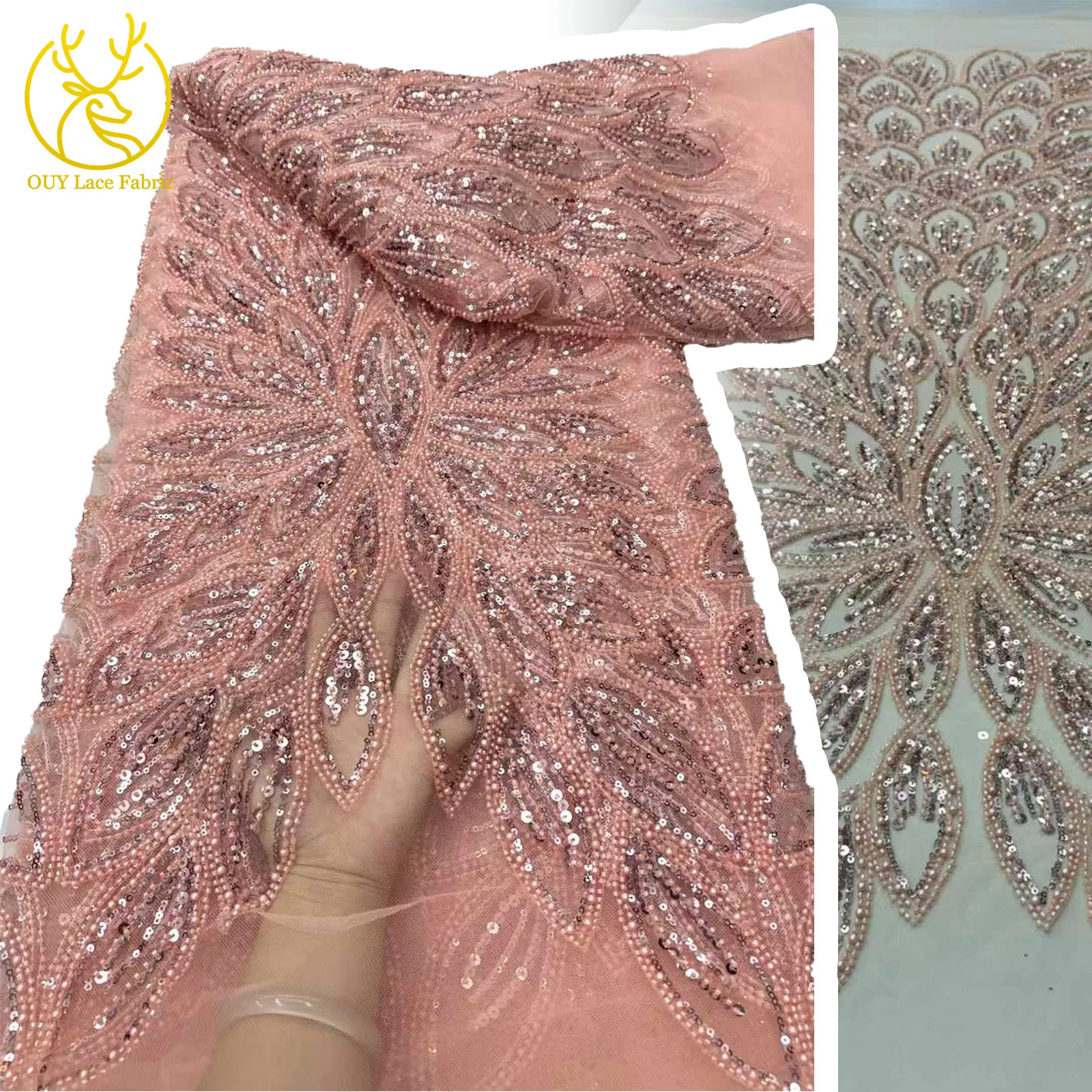 

Fashion African Beaded Lace Fabric 2025 Tulle Lace French Nigerian Groom Sequin Lace Fabric for Wedding Party Dress Sewing