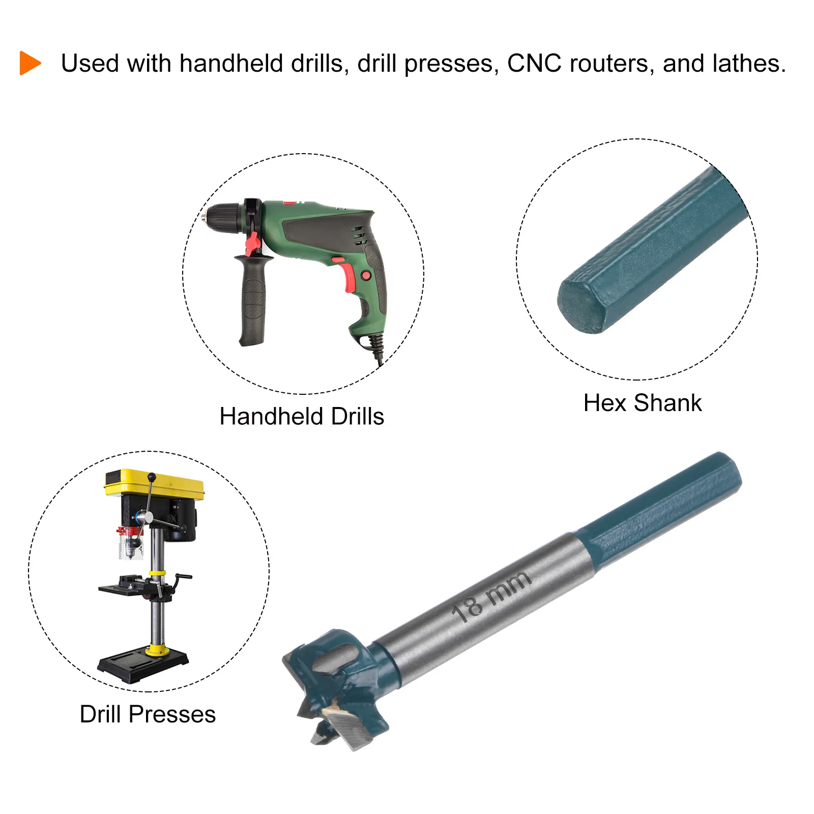 Punta da trapano Forstner 18 mm (23/32") Cerniera in legno duro con codolo esagonale