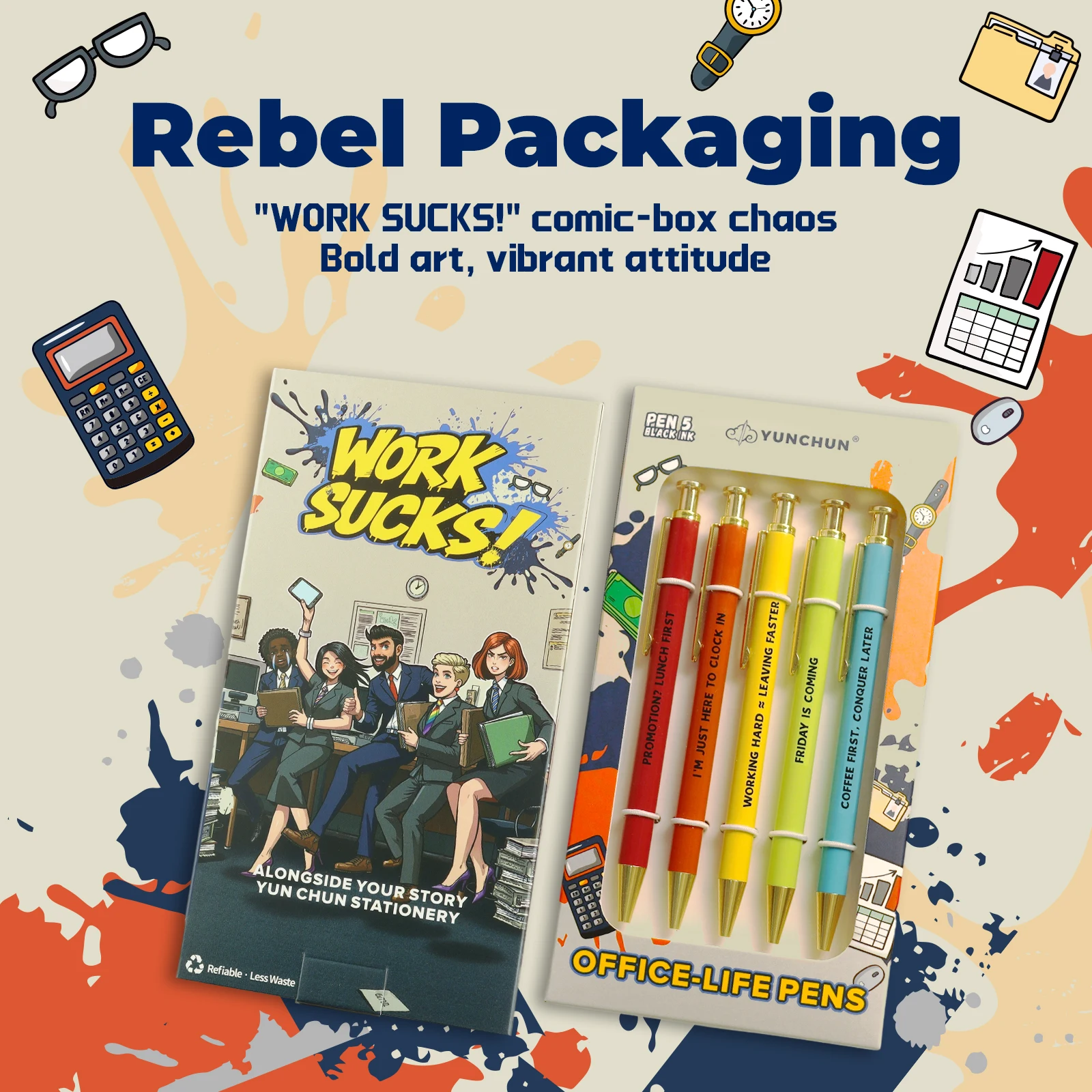 5 قطع من أقلام Yunchun المضحكة، أقلام كروية مبتكرة وقح، هدية كمامة مكتبية مع أقوال الإجهاد في مكان العمل، قلم حبر جاف للمكتب حبر أسود