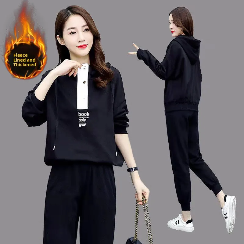 

plus Size Casual Fashion Set Women's Loose Tummy Covering Sweatshirt And Pants Two Piece Set Autumn Winter New Style Polyeste...
