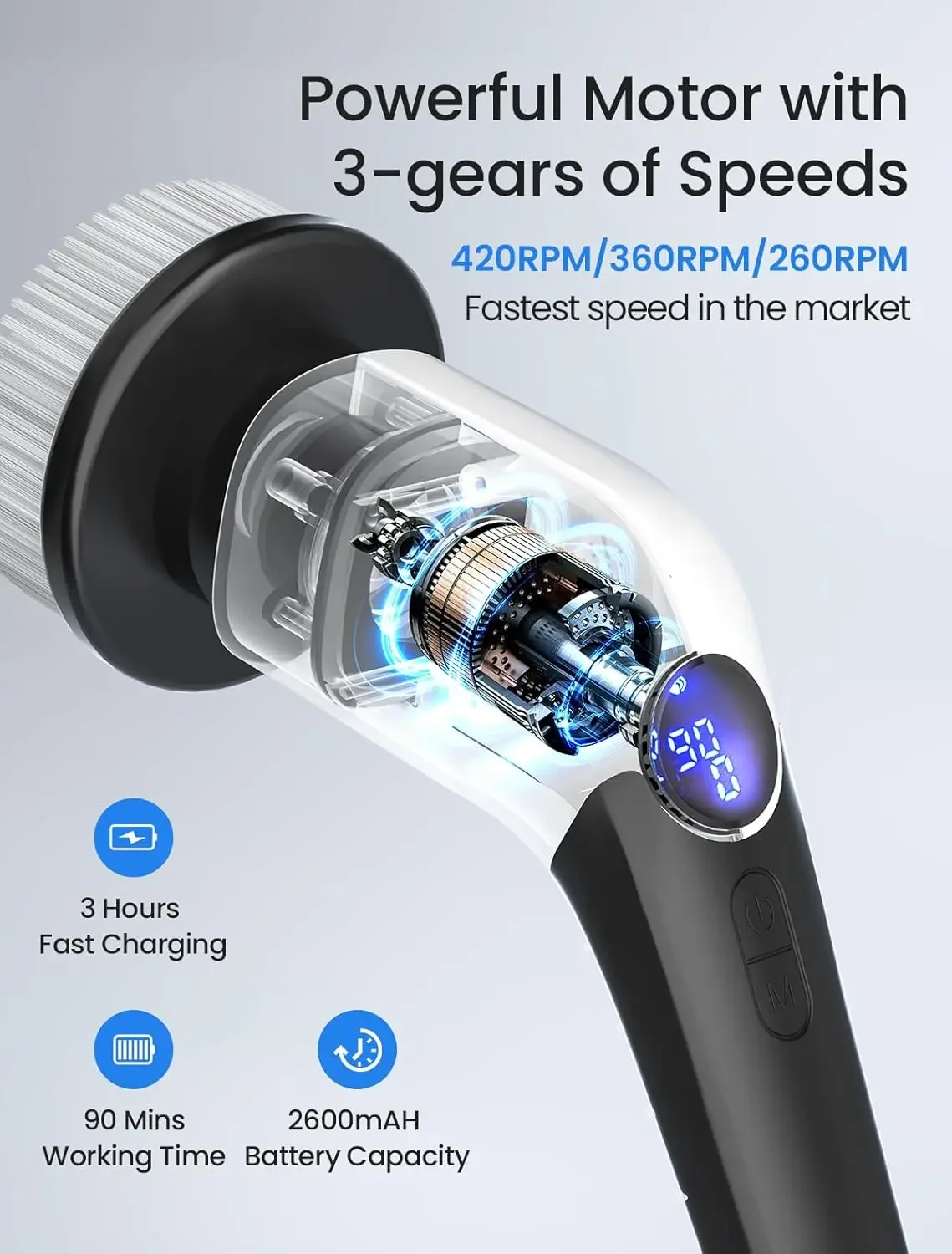 Electric Rotary Floor Scrubber New Wireless Voice Prompts Multiple Adjustable Speeds Adjustable Extension Bathroom Floor Tiles