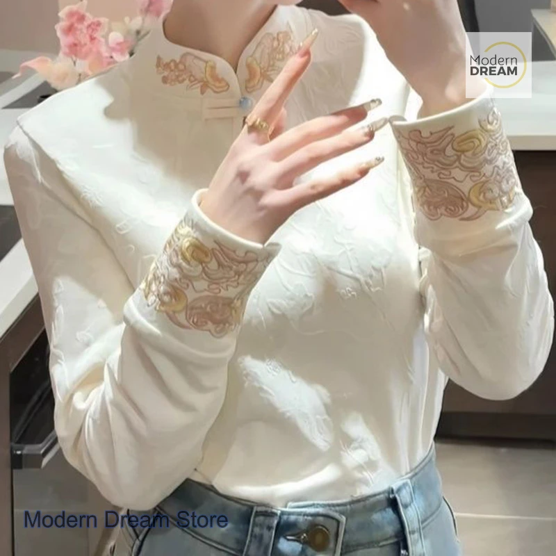 

New Chinese Western Jacquard Joker Slim T-shirt Women's Spring and Autumn Fashion Stand-up Collar and Velvet Warm Base Coat