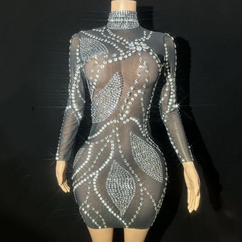 

Flashing Diamonds Black Sexy See-Through Sheath Mini Dress Nightclub Performance Custome Stage Wear Birthday Evening Party Dress