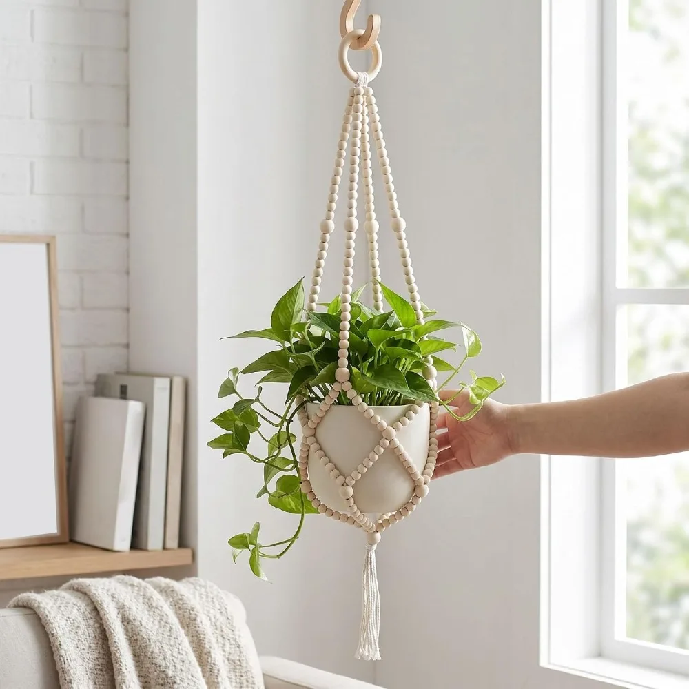 Natural Wood Beads Beaded Plant Hanger Macrame Fringe Boho Design Macrame Plant Hanger 24 Inch Length Cotton Rope