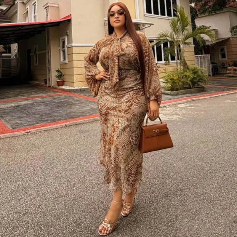 Conjunto de 2 Piezas para Mujer Talla Grande con Estampado de Serpiente, Blusa de Manga Larga con Lazo en el Cuello y Falda Midi, Elegante Traje a Juego para Fiesta Africana