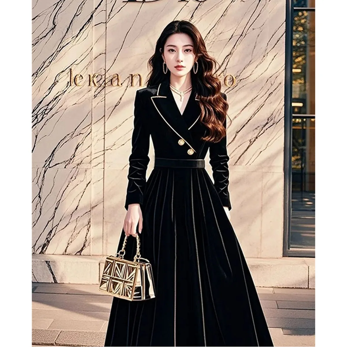 SpringAutumn Join Together Golden Velvet Dress Women High End Casual Elegant Long-Sleeved Pullover Elegant Vestidos Dress Femme