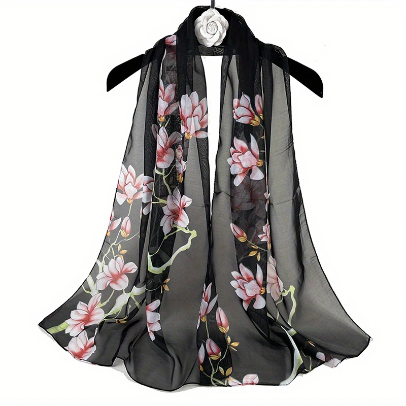 Summer Sunscreen Floral Print Women Silk Scarf Shawl Elegant Headscarf Convinient Bandage Hijabs Chiffon Muslim Wrap Scarves