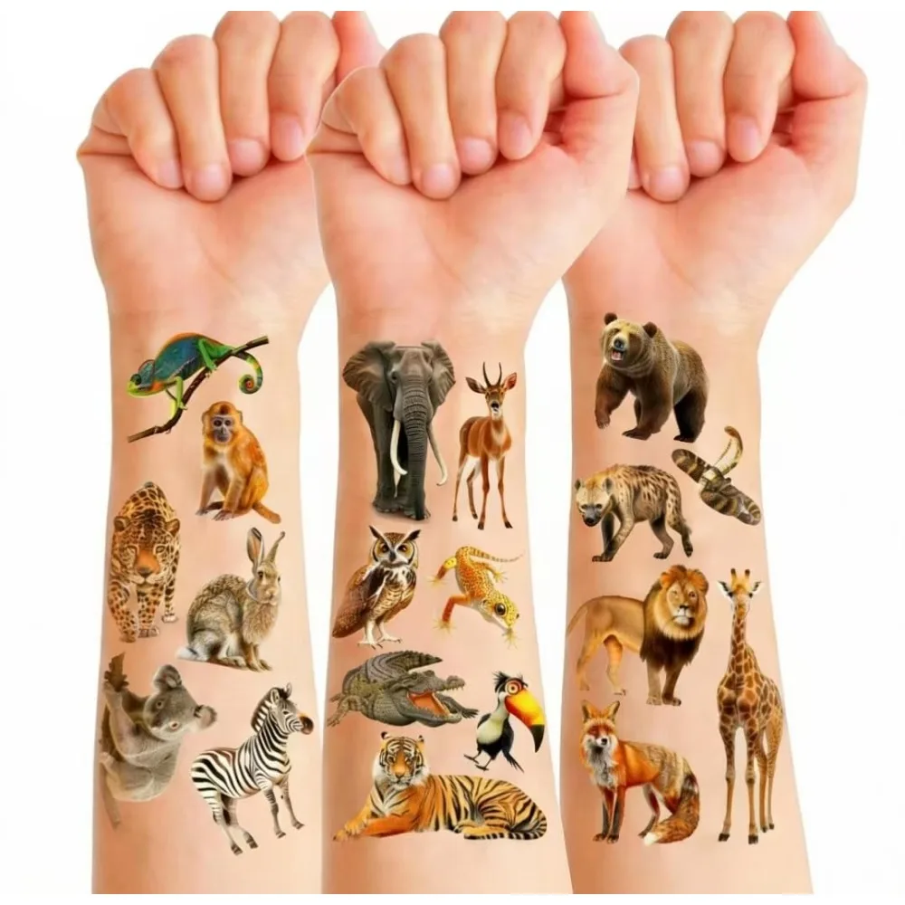 

100 Pack Jungle Animal Temporary Tattoos, Pre-Cut Stickers for Party Favors and Rewards, Suitable for Boys and Girls