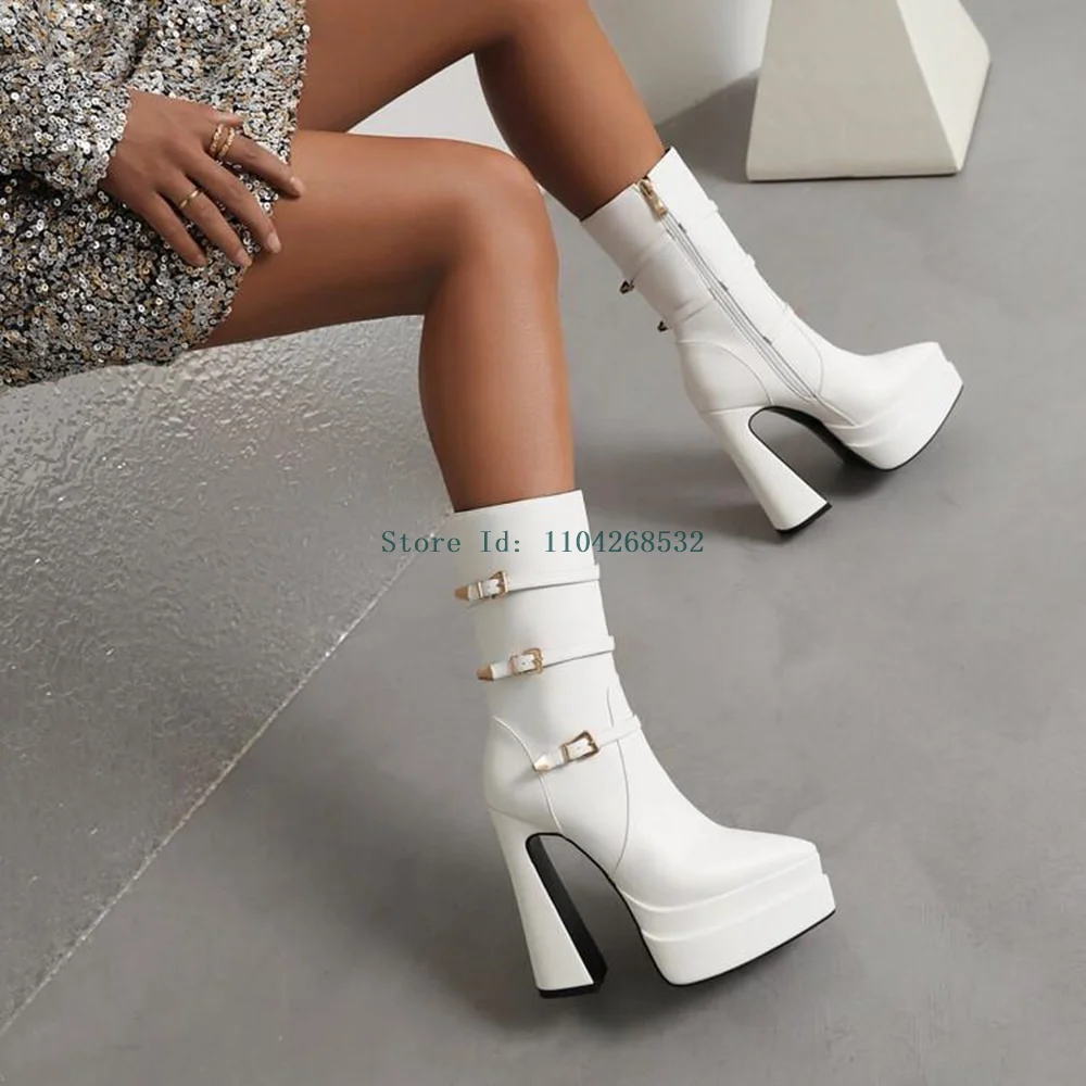 Square High Heel Ankie Booties Platform Pointed Toe Buckle Strap Zip Motorcycle Boots 2024 New Arrivals Spring Autumm Winter