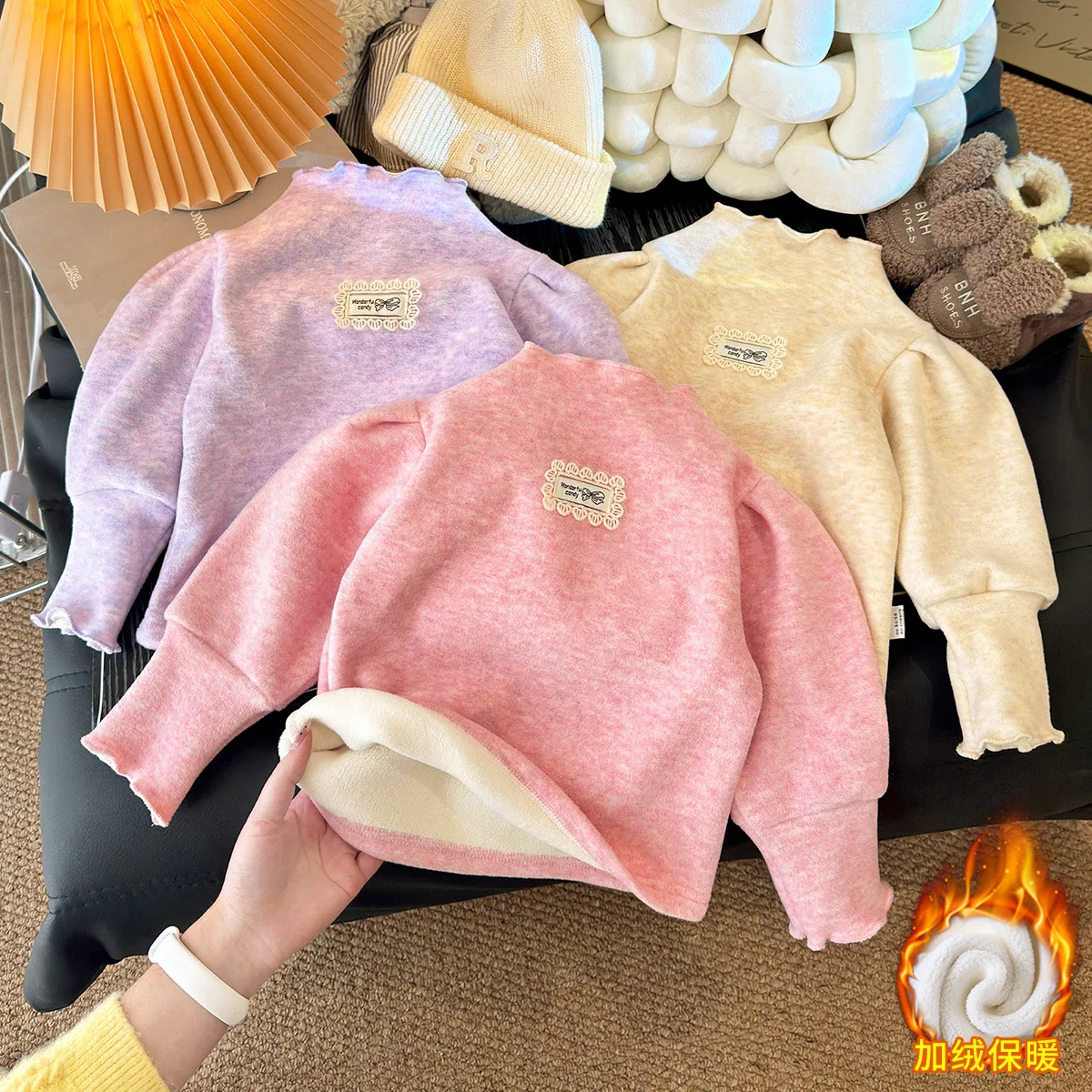 New Girls Autumn Winter Thickened Fleece-lined Casual Undershirt Stretchy Warm Children Kids Soft Comfortable Top Babies Casual