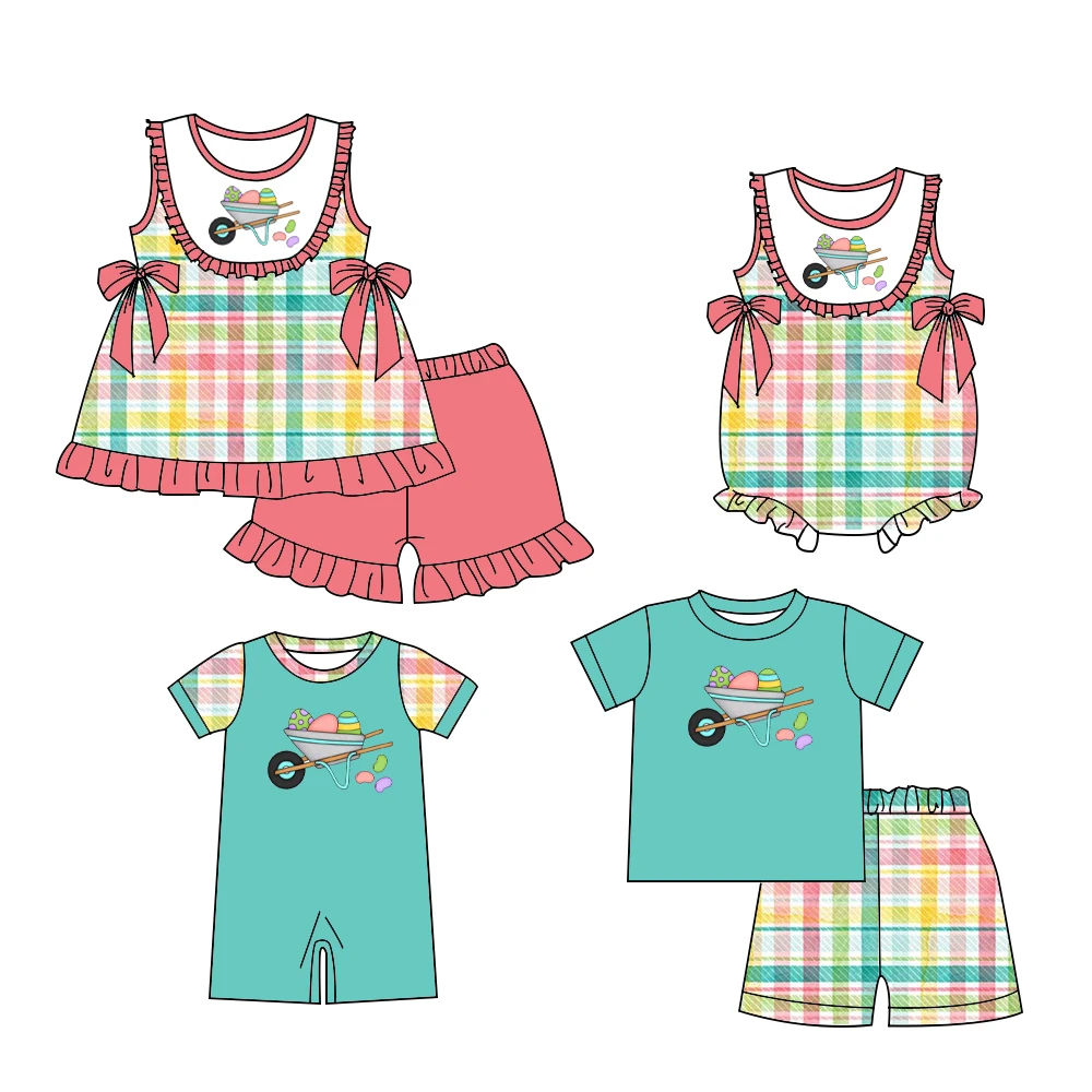 New fashion Easter set Girls and boys clothes Short sleeve shorts onesie style Easter bunny Colored plaid fabric