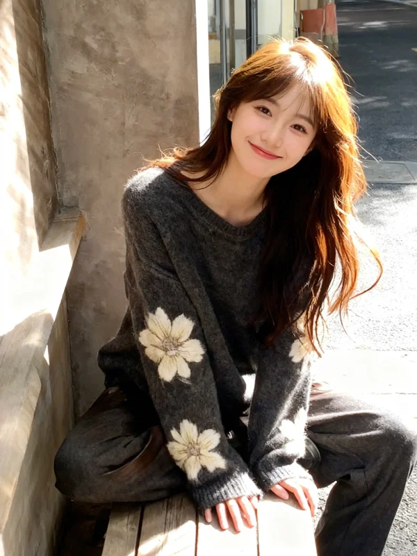 

Loose Fit Korean Sle Knitted Sweater Women's Faion Long Sve Crew Ne Pullover Top with Floral Pattern for Autumn Winter