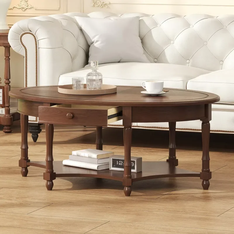 Retro Oval Coffee Table with Drawer Storage Rack French Country Style for Living Room
