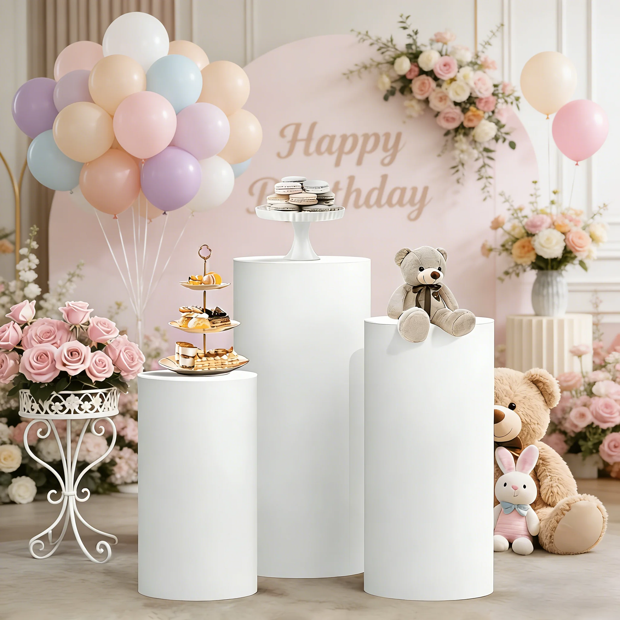 3 Pieces, Party Supplies Set with White Cylindrical Pedestals, White Dessert Table Set, for Party Decoration, Wedding Ceremony Decoration