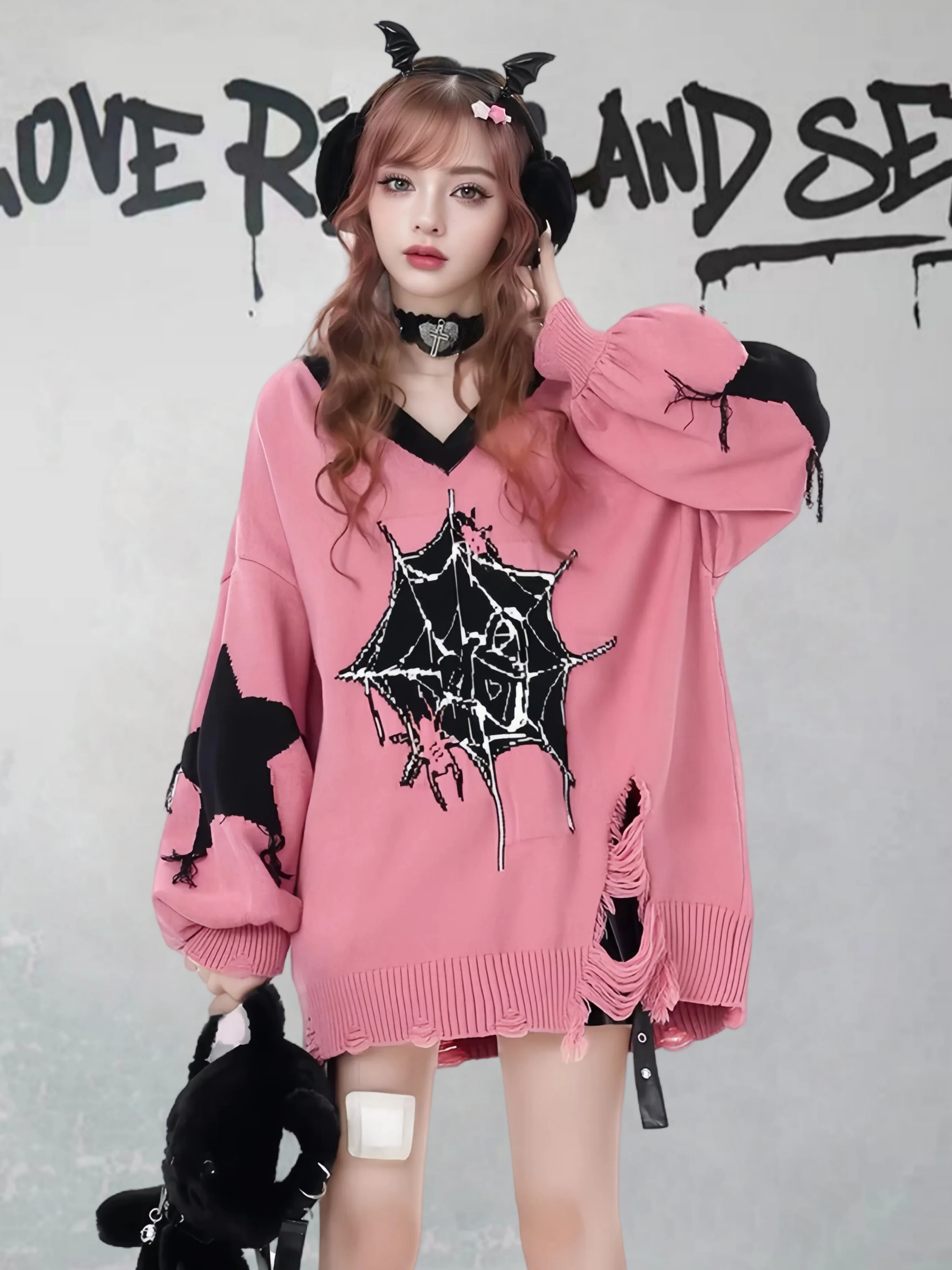 Japanese Subculture Y2k Sweet Hot Girls V-Neck Long Sleeve Ripped Knitted Pullover Loose Casual Lazy Style Sweater Women Autumn