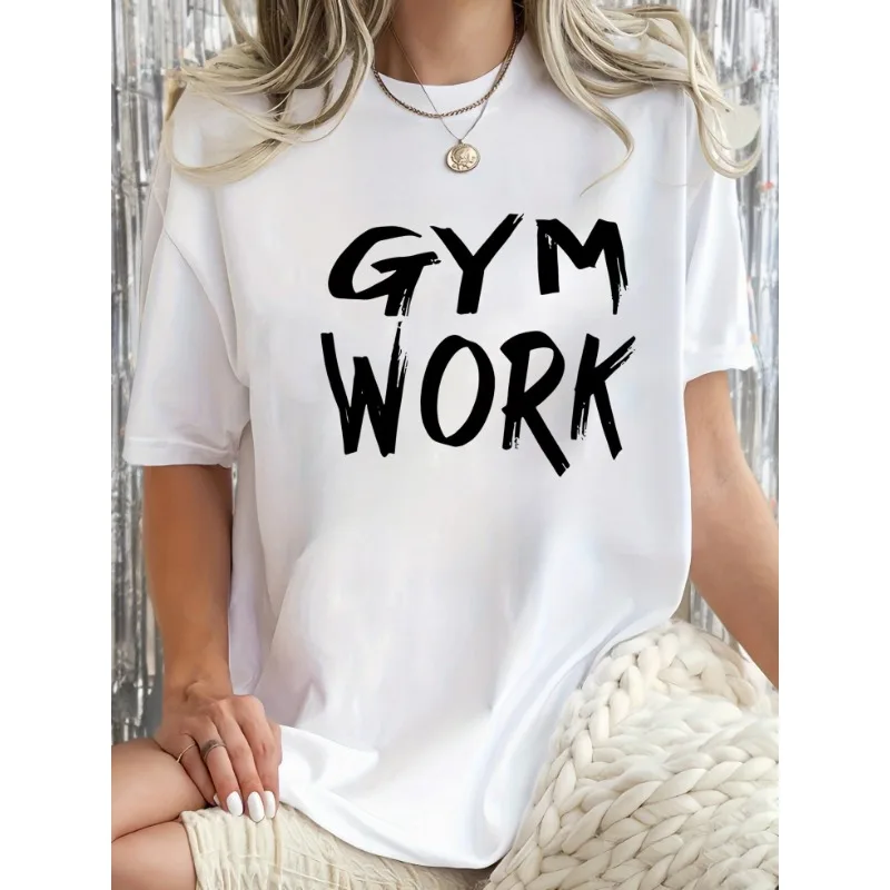 

T-shirt col rond décontracté pour femme avec mots de travail de fitness imprimés grande taille tendance de la mode Harajuku Y2KT