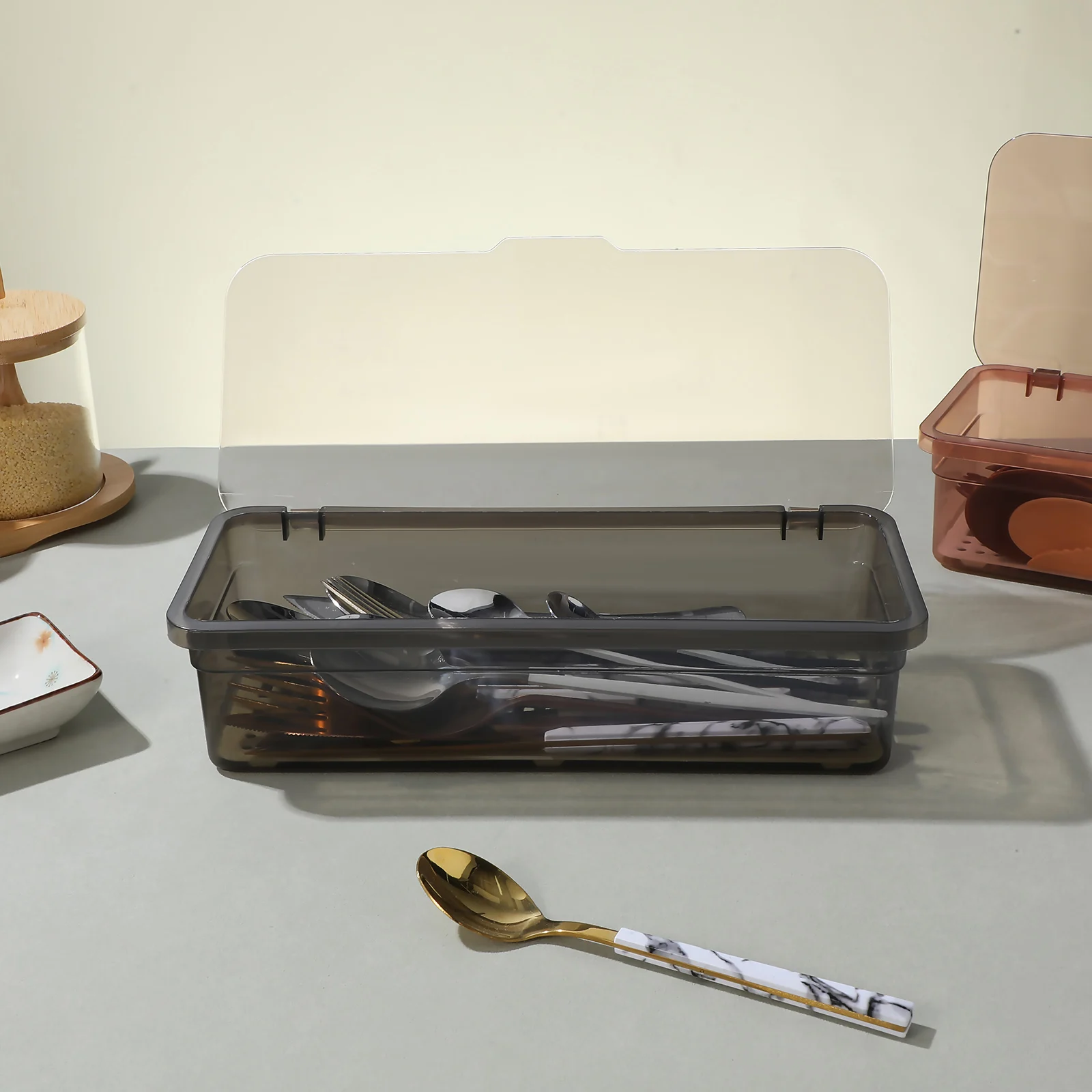 

2 Pcs Silverware Organizer with Lid Clear Plastic Storage Containers Kitchen Countertop Utensil Tray Drain Box