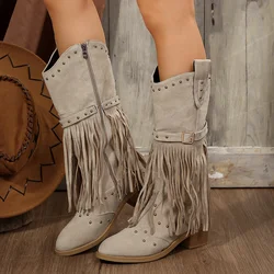 Women Boots 2024 Autumn/winter Plus Size 43 Knight Boots Tassel Retro New Rivet Belt Buckle Zipper Fashion Luxury Midsole Boots