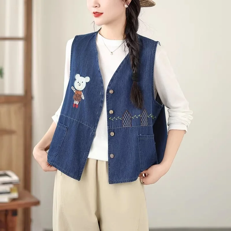 

Vintage denim vest women's spring cartoon embroidery sleeveless top trendy blue waistcoat W2186