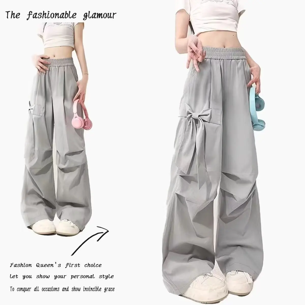 

2025 new women's fashion bow gray workwear casual pants elastic high waisted loose wide leg pants