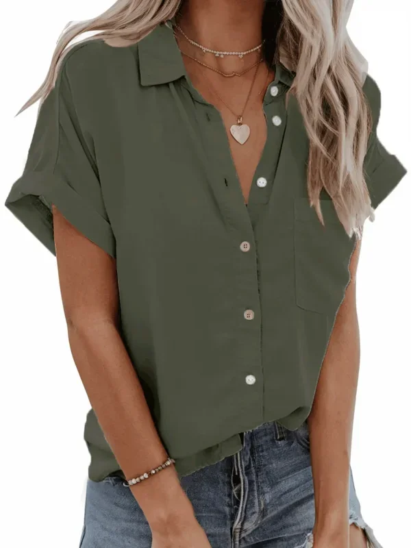 

Большие размеры 1XL-5XL, женская повседневная однотонная рубашка на пуговицах с короткими рукавами и лацканами, женская модная блузка с воротником с лацканами, рубашка
