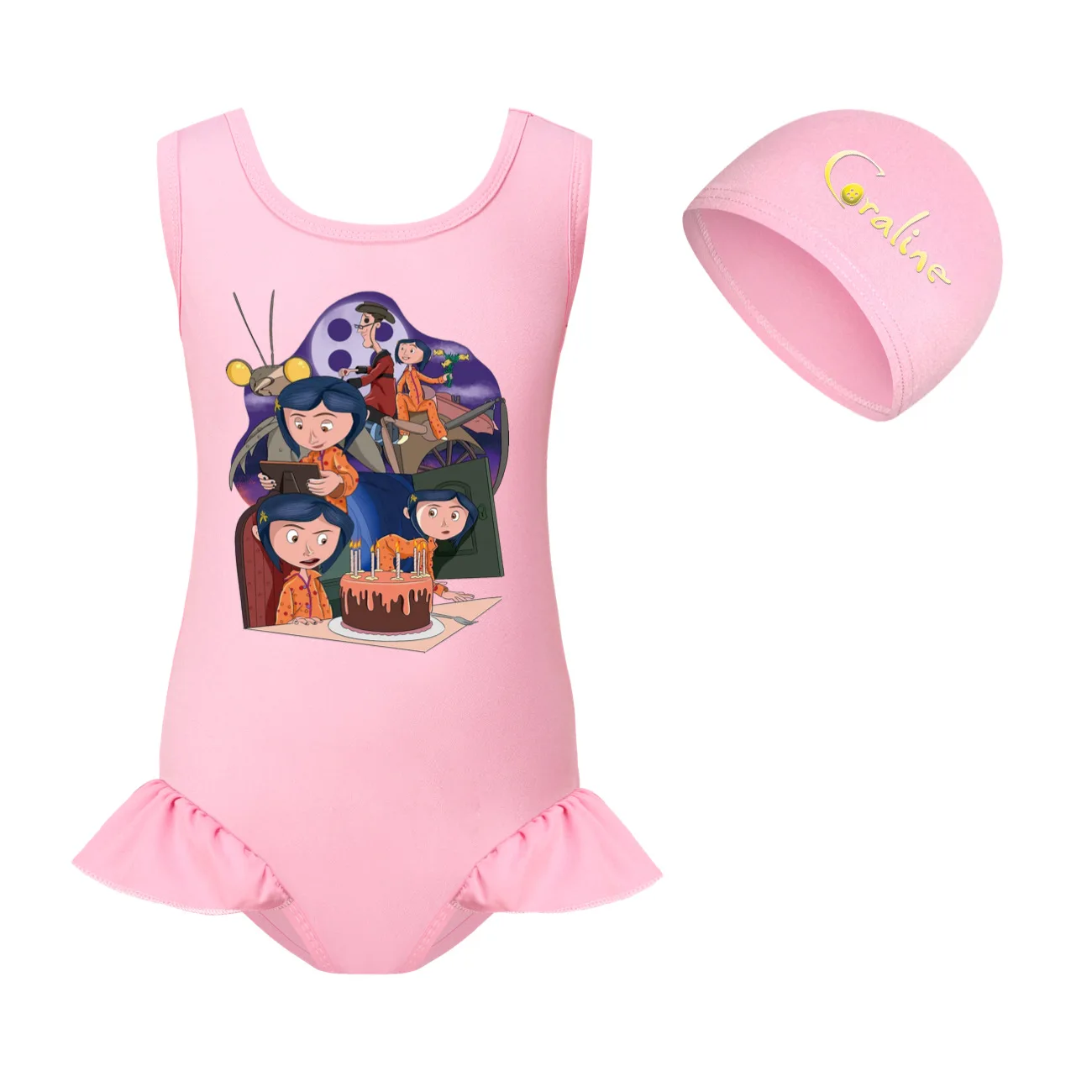 Coraline Swimwear Kids One Piece Beach Wear Child Baby Cute Backless Swimming Toddler Girls Cartoon Swimsuit+cap 2pcs Sets3060 image 3