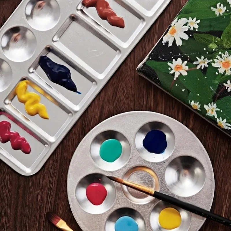 1 Stück Aluminium-Farbpalette mit 6 Löchern, Quadratisch-Rund, Kinder-Malpalette für Aquarell- und Acrylfarben