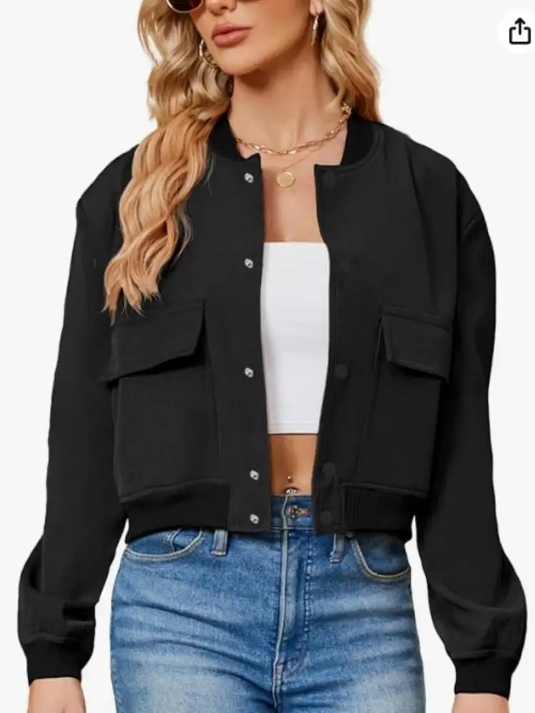 Women's Black Cropped Bomber Jacket Long Sleeve Button Front Pocket Casual Streetwear Fall Winter Outerwear