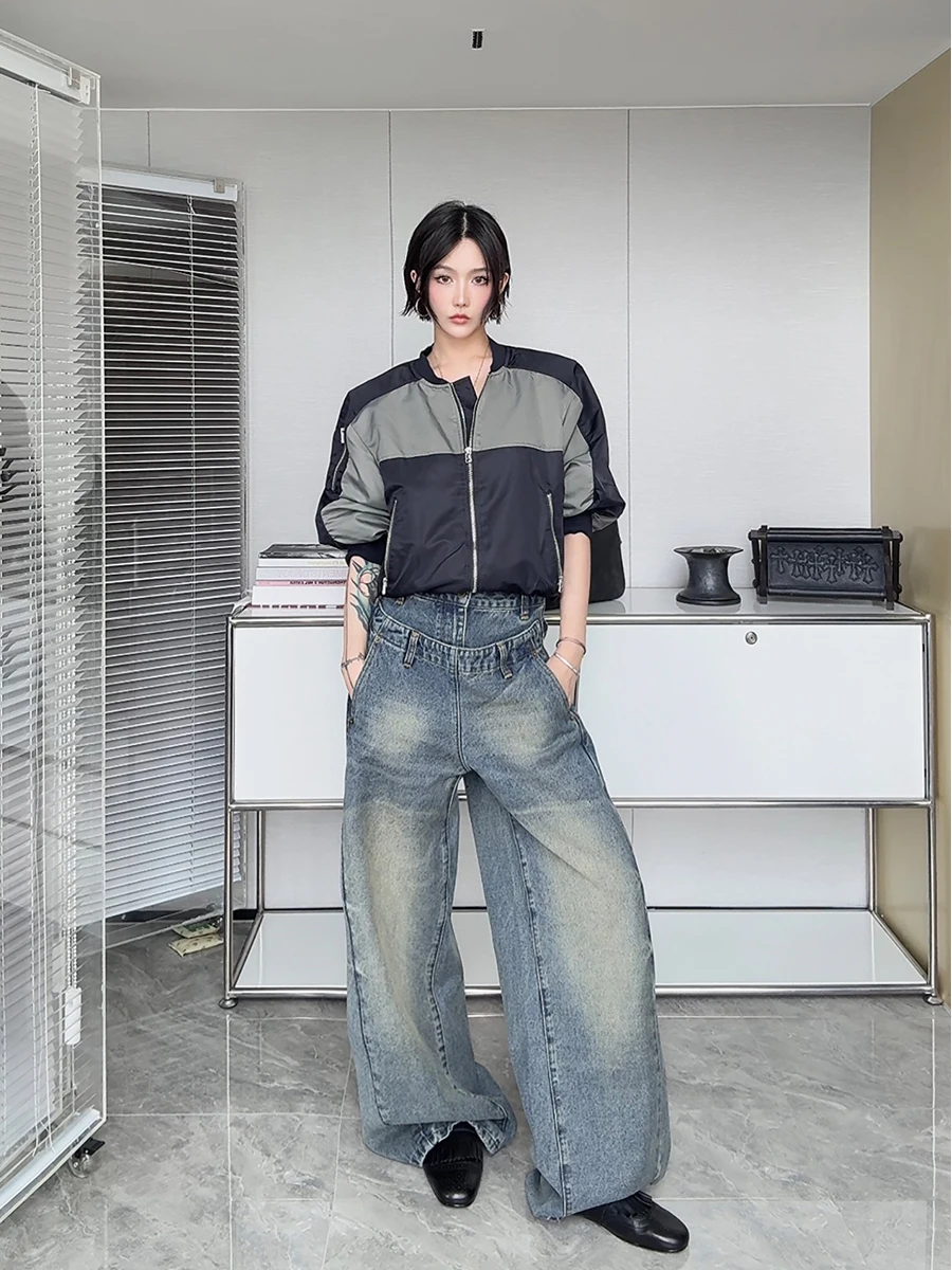 

Джинсы IAMCPLUS винтажные, свободного кроя, с двойной талией, повседневные, с высокой талией, из хлопковой ткани, на молнии, осенние, для взрослых, свободного кроя