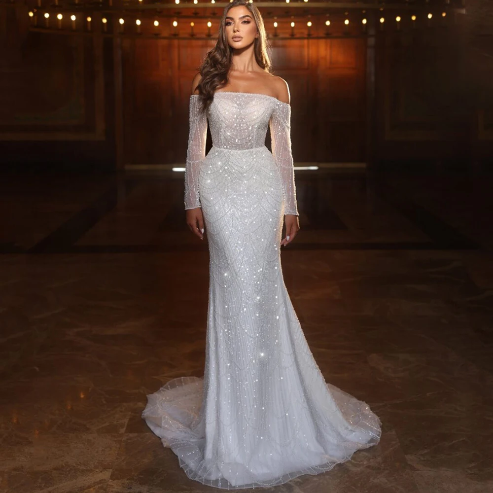 

Exquisite Beading Lace Mermaid Wedding Dress Boat Neck Off the Shoulder Long Sleeves Sexy Illusion Bridal Sweep Train Gowns