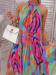 Fashion sleeveless backless corset dress - elegant  flowing, pleated - with colorful abstract random print